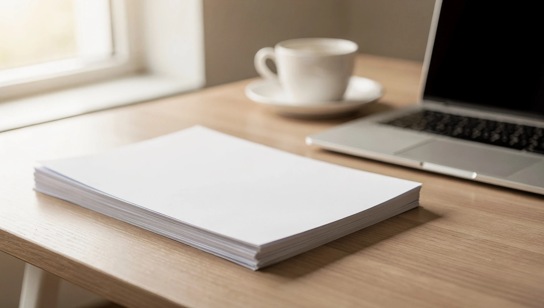 A clean printed document packet on a desk next to a laptop and coffee cup with natural window light