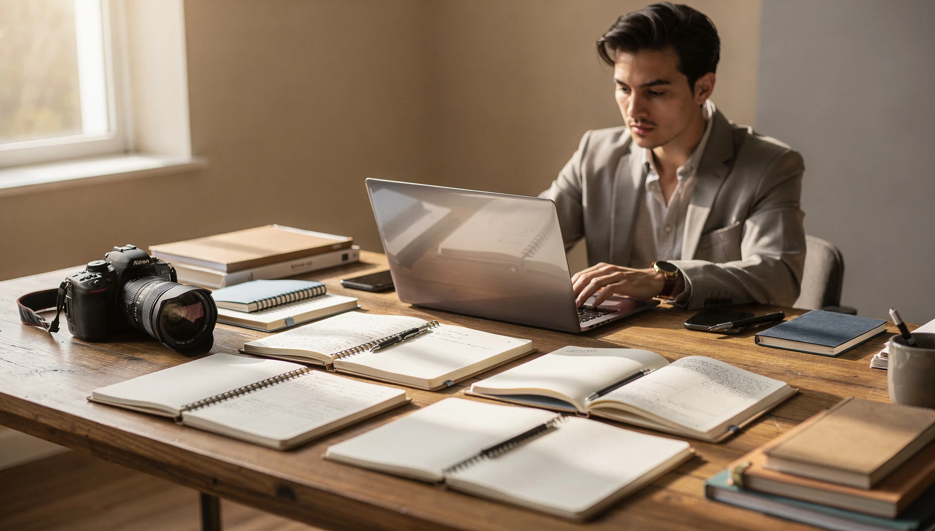 A person at a large desk with notebooks and a laptop set up for a focused content creation session in early morning light