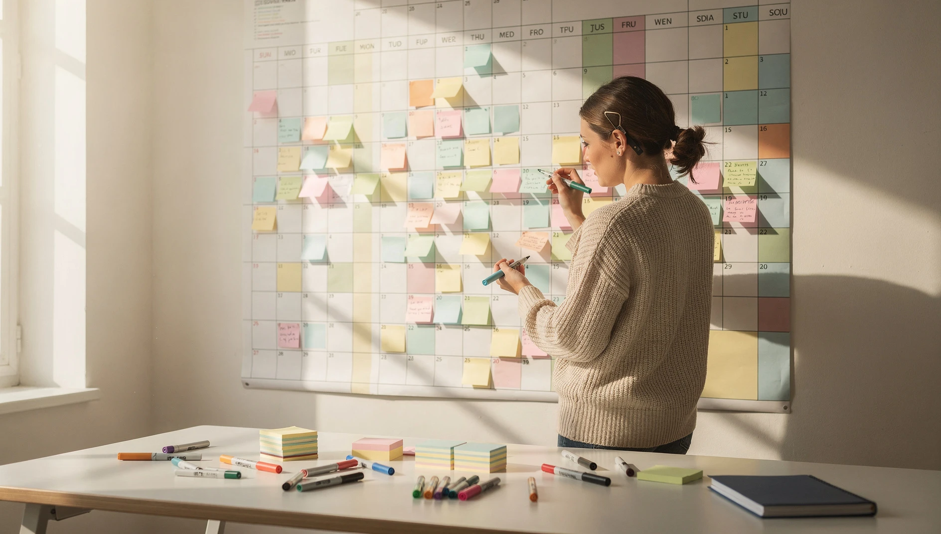 A person reviewing a large wall calendar with colorful sticky notes at a bright workspace