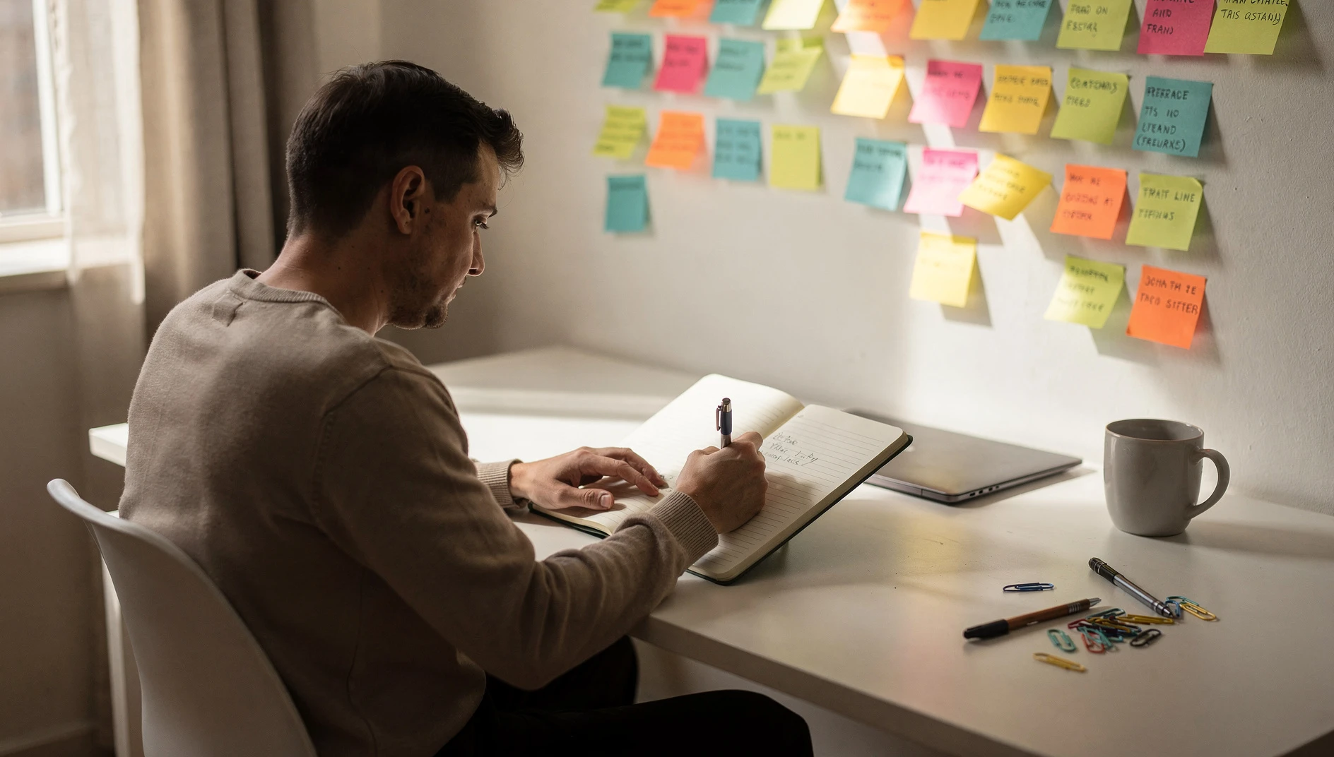 A person writing in a notebook at a bright desk with sticky notes visible in the background