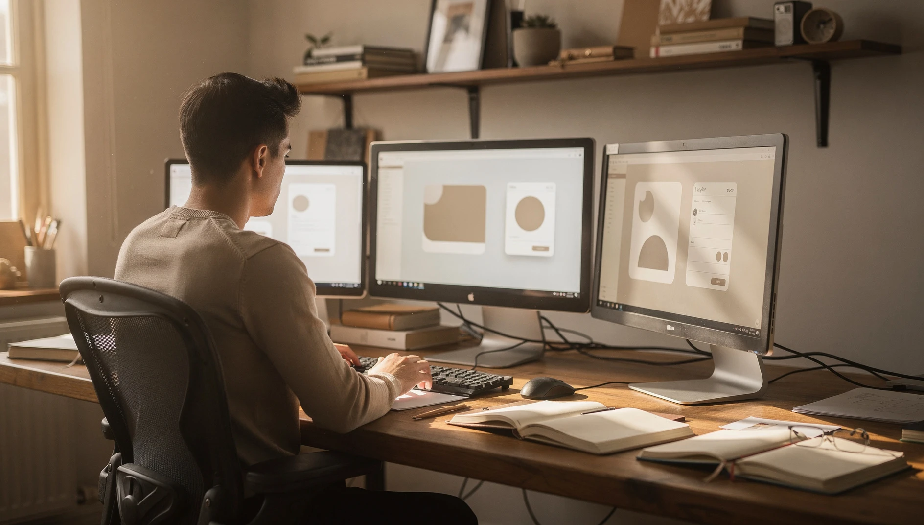 A person working at a desk with multiple screens and notebooks in warm natural light