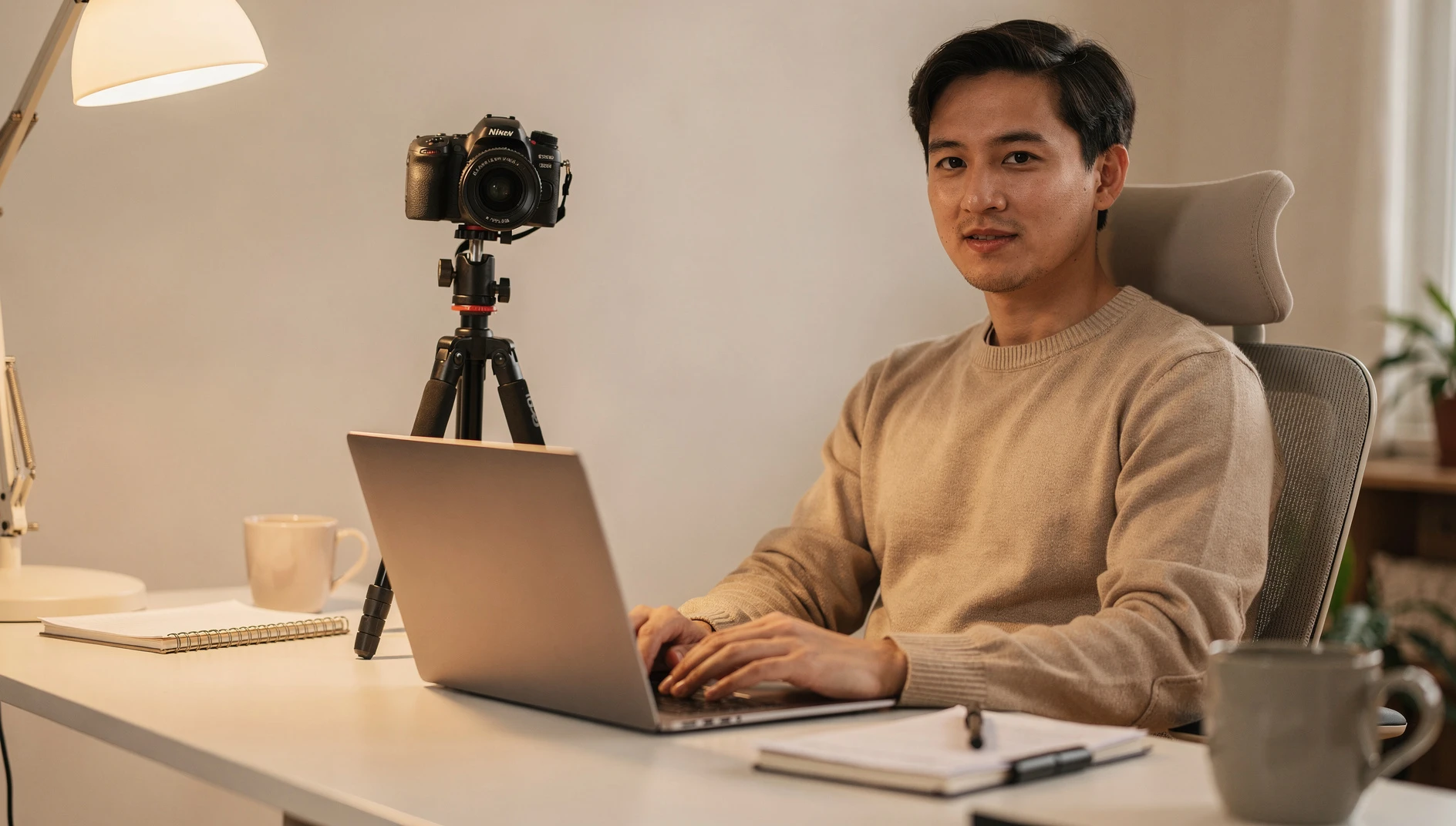 A person sitting in front of a camera and laptop setup recording a video at a home desk with soft lighting