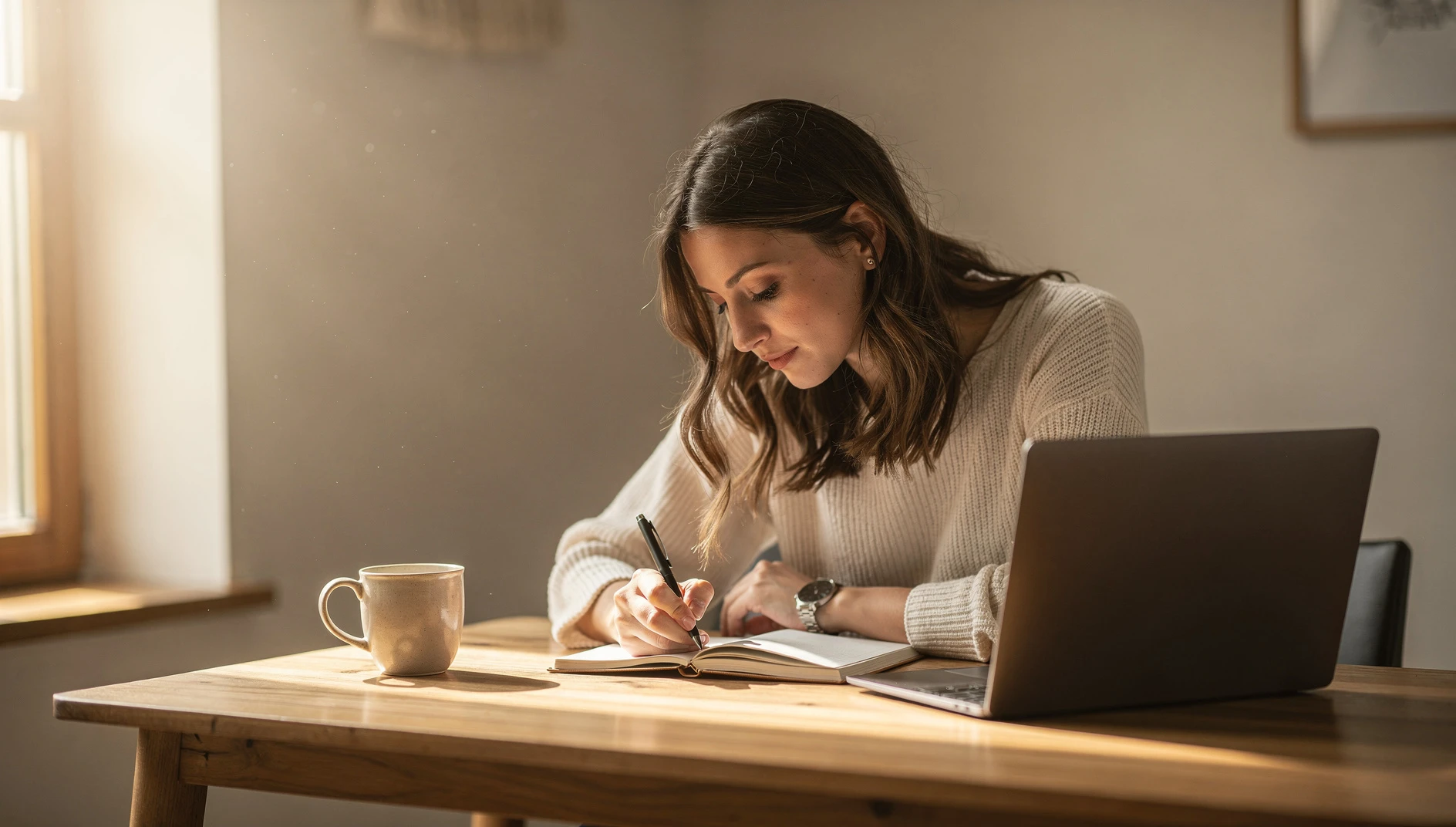 A woman writing in a notebook at a wooden desk with a laptop and coffee mug in a cozy home office
