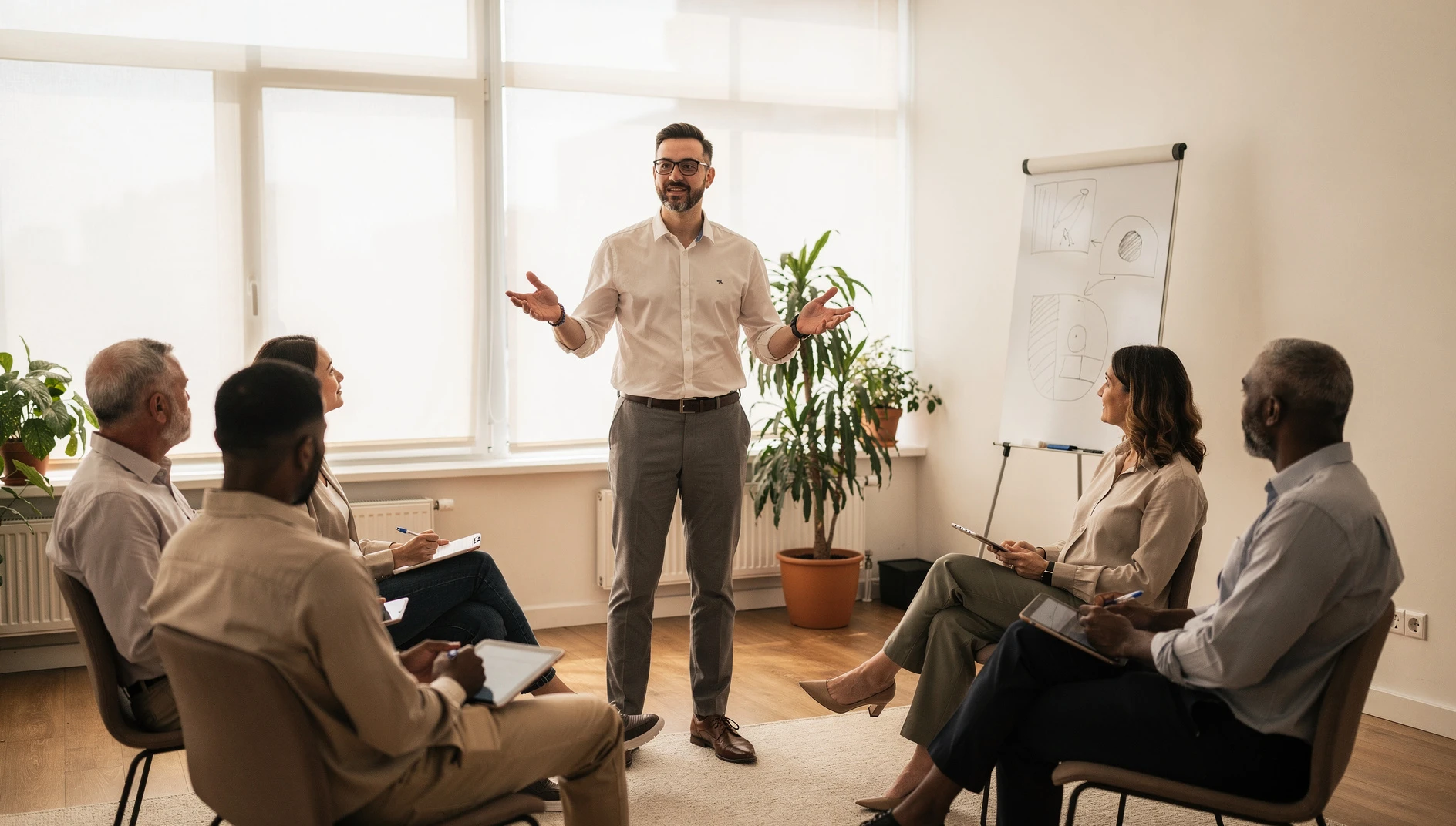A coach leading a group coaching session with five seated professionals in a bright modern training room