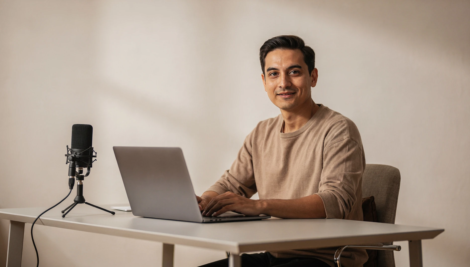 A professional recording a presentation at a minimal desk setup with a focused and prepared expression in soft studio light against a clean background