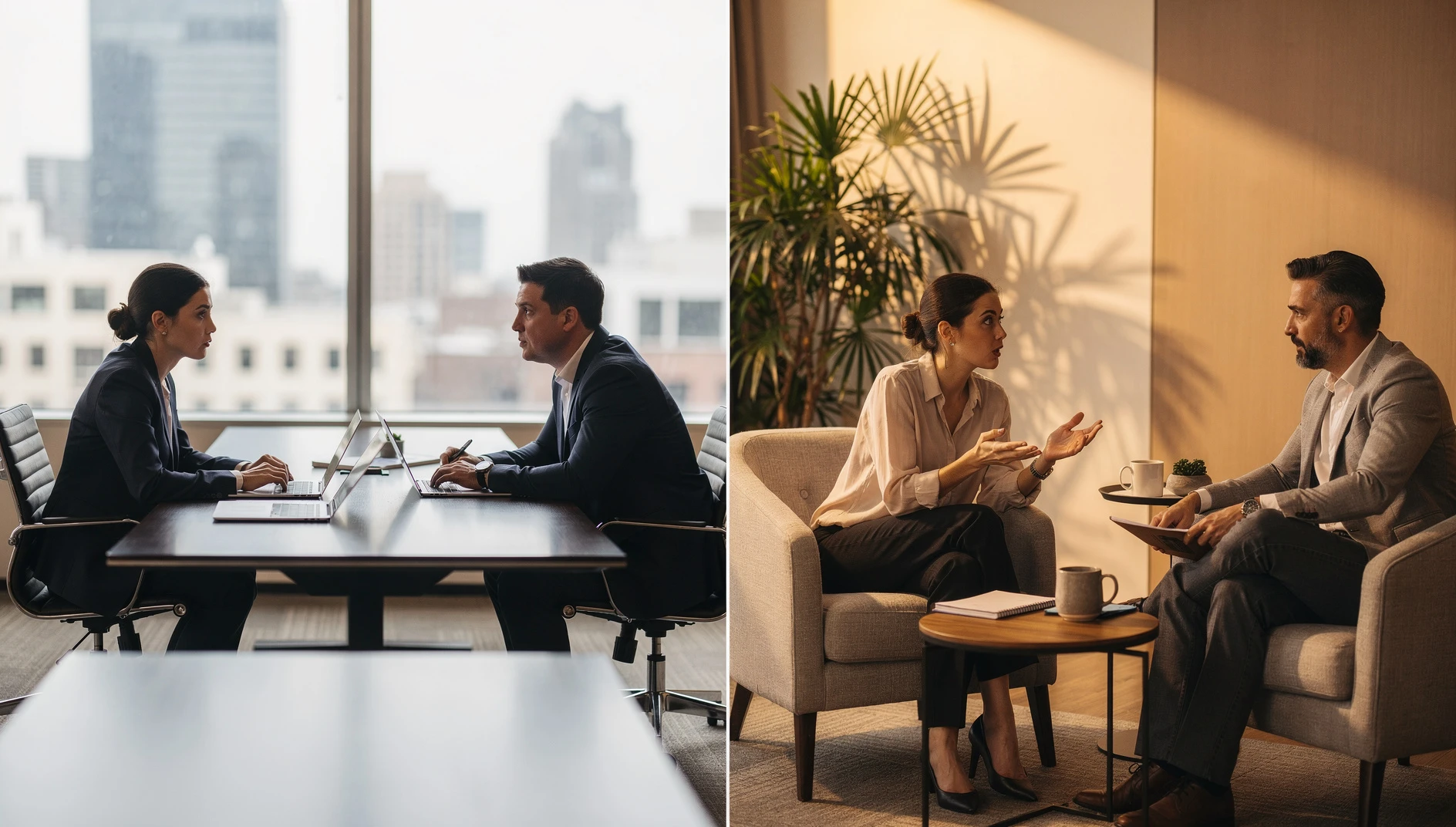 Two separate conversational settings showing a formal business discussion and a relaxed coaching session in warm editorial lighting