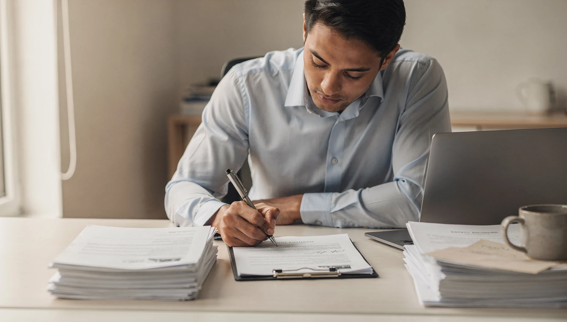 A professional signing paperwork at a clean desk with natural window light