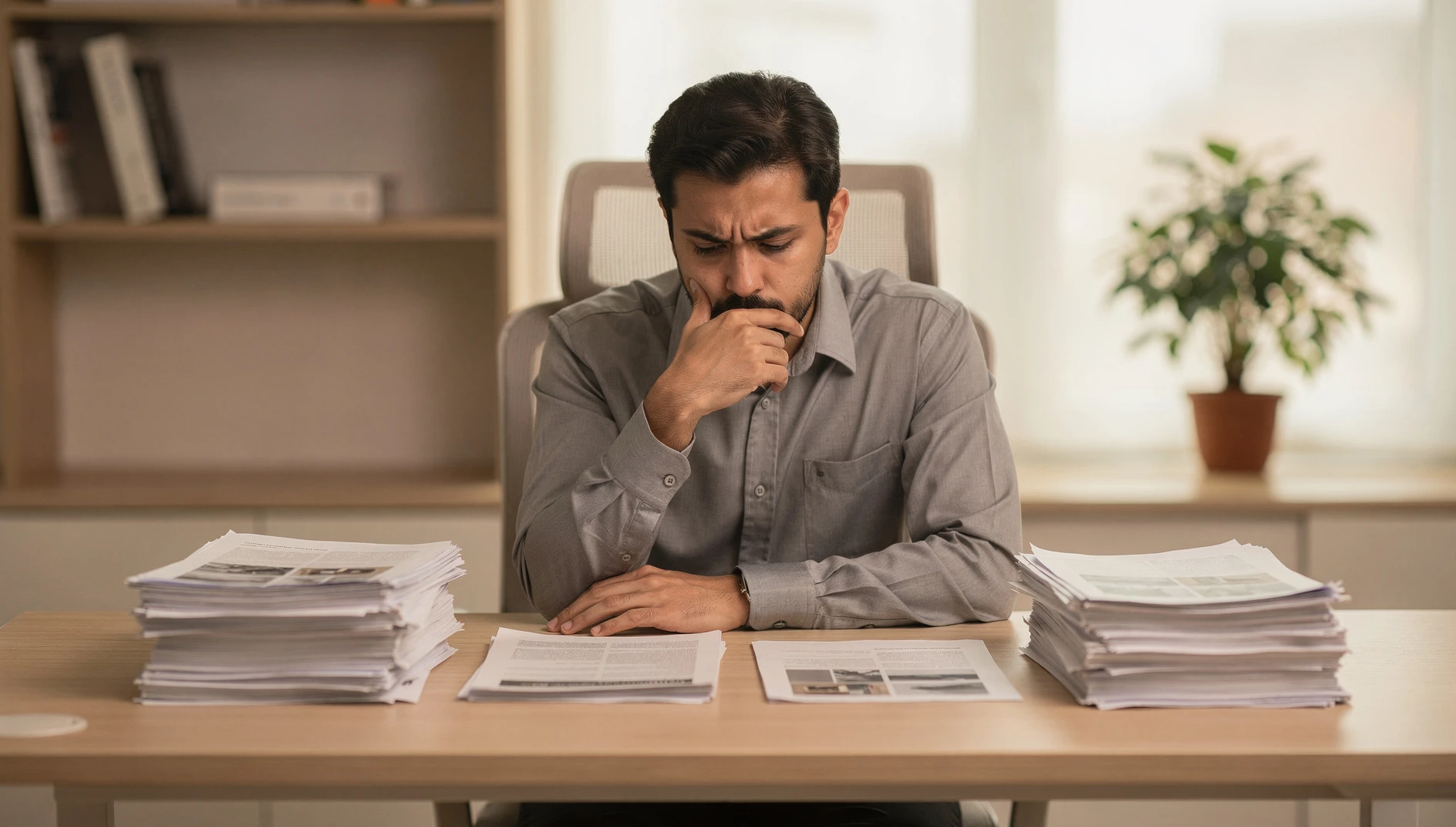 A person at a desk looking thoughtfully at documents on either side in soft office light