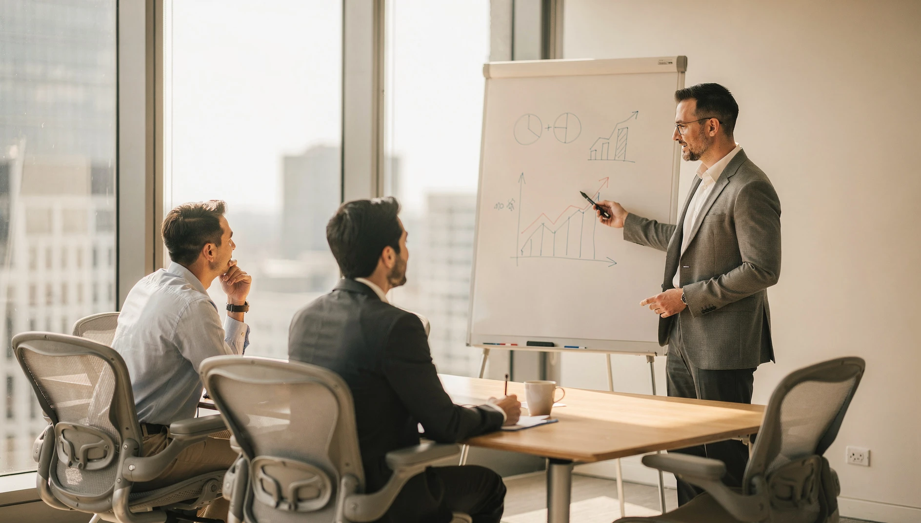 A professional presenting data on a whiteboard to two colleagues in a bright modern meeting room