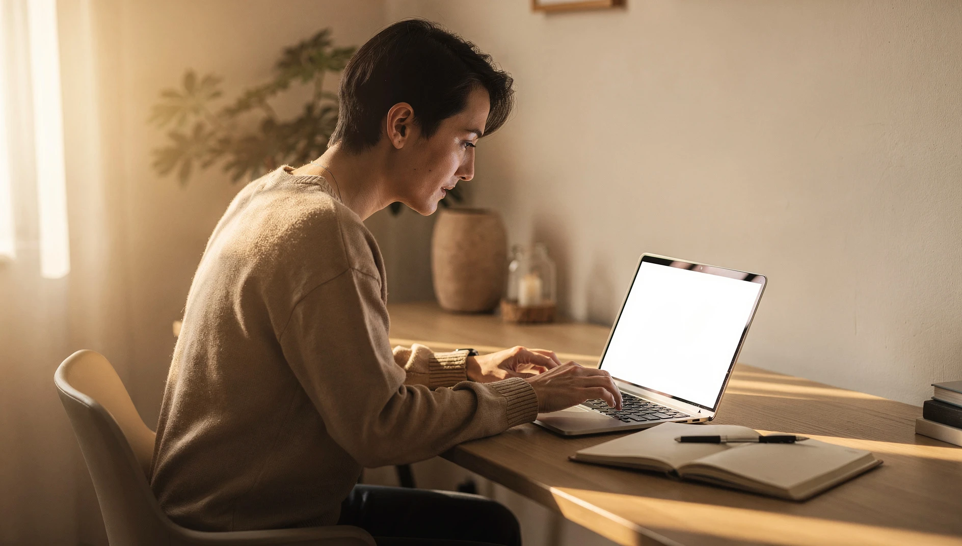 A person setting up a laptop at a home desk with a notebook open beside them in warm afternoon light