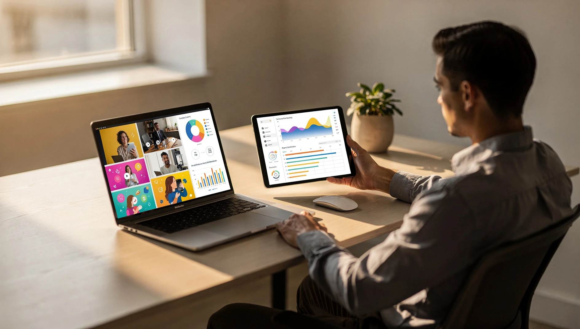 A professional reviewing content analytics on a laptop and tablet at a clean modern desk in warm natural light