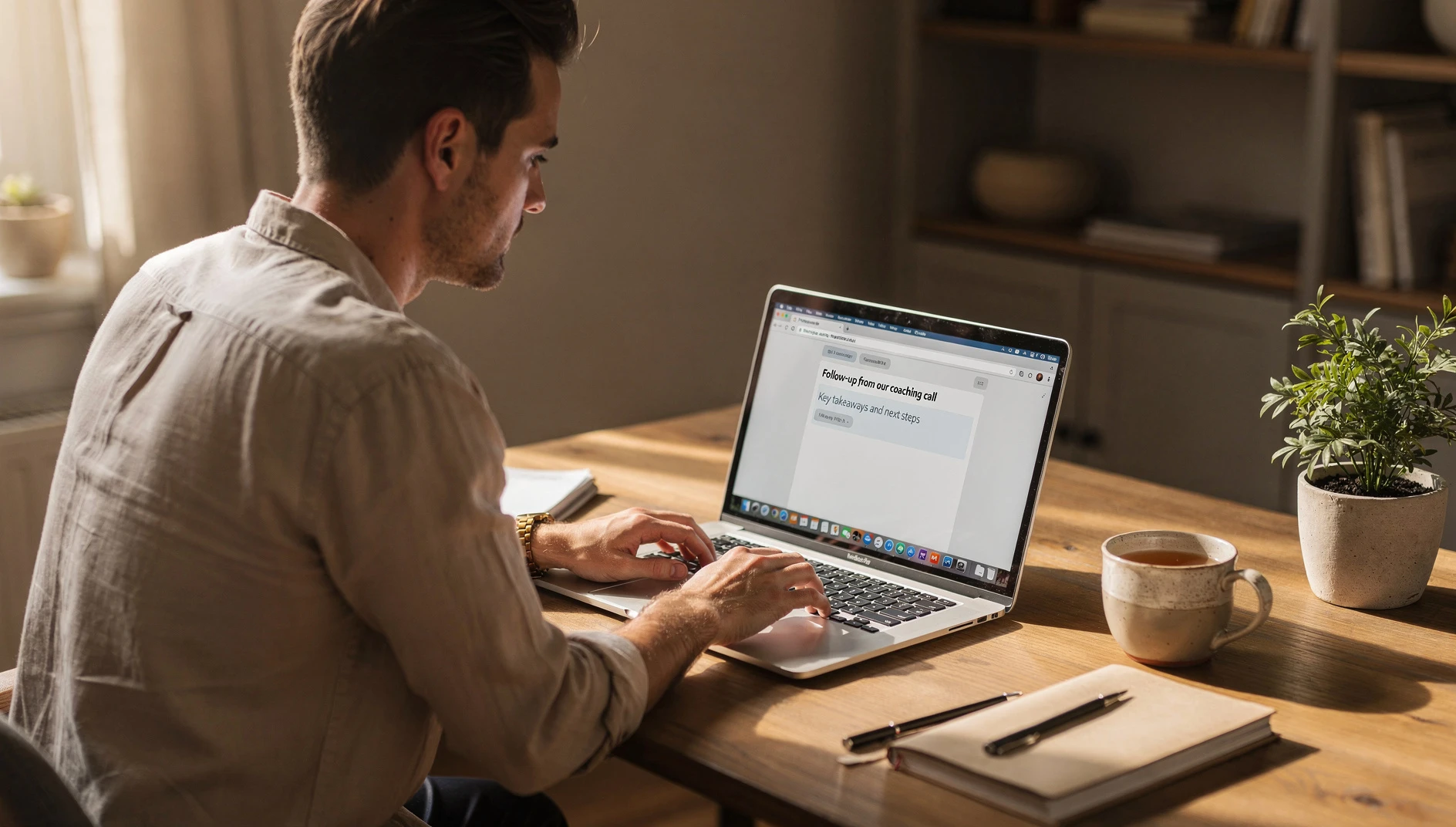 A coach typing a follow-up email on a laptop at an organized desk in warm afternoon light
