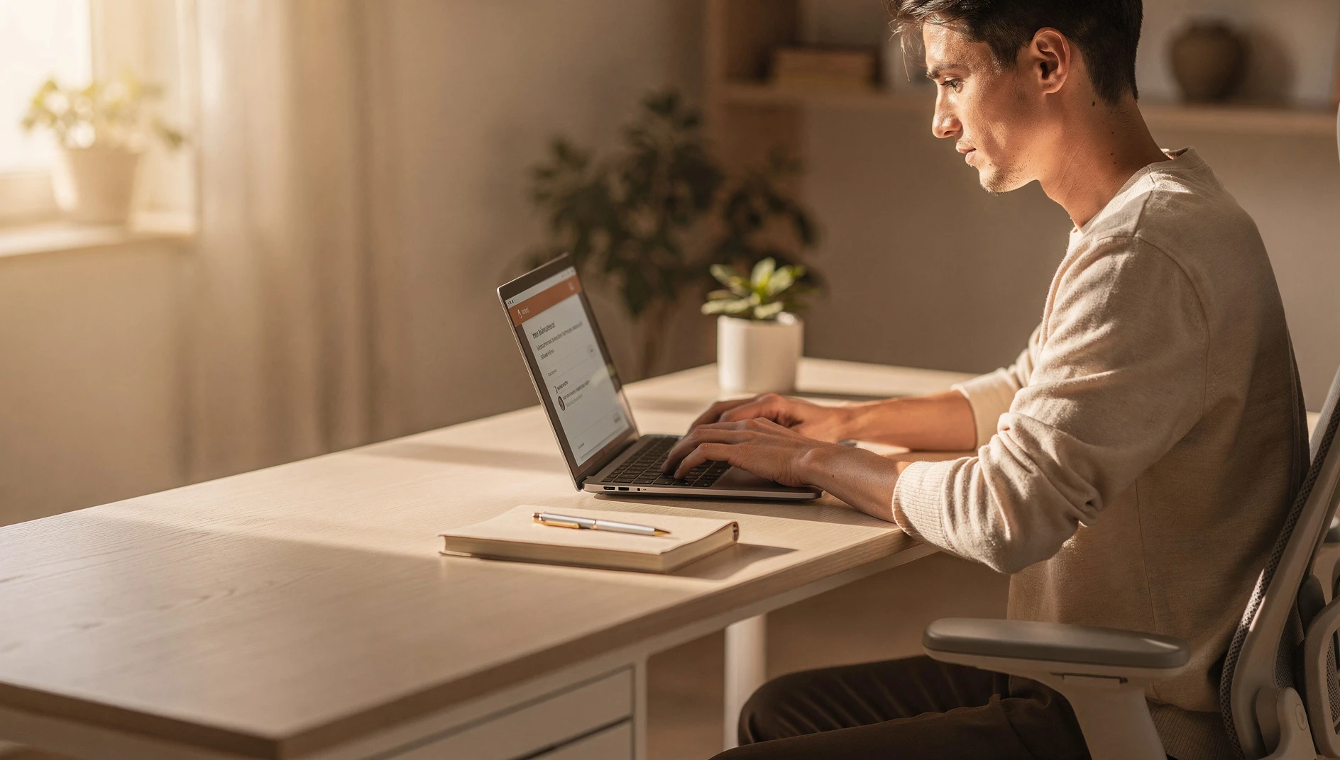 A person typing a focused email on a laptop at a clean home office desk in warm afternoon light
