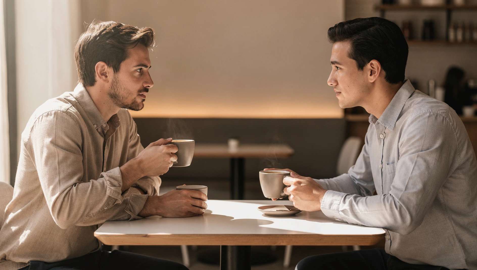 Two people in focused conversation at a cafe table with coffee cups in warm natural light