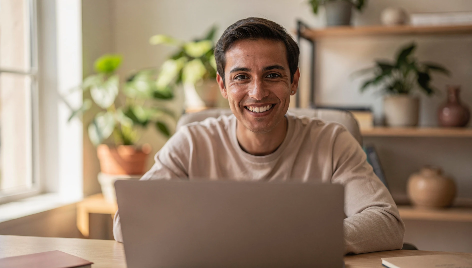 A professional in a video call on a laptop, smiling and engaged in a bright home office with natural light