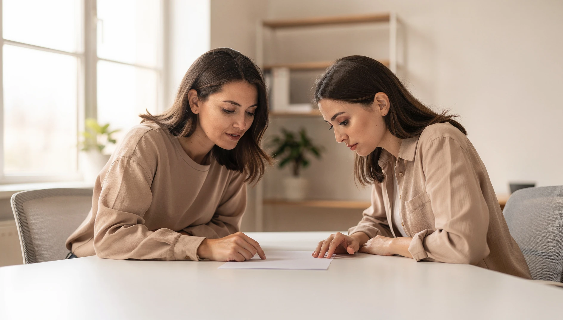 A coach and client looking at a shared piece of paper with notes in a bright minimal office