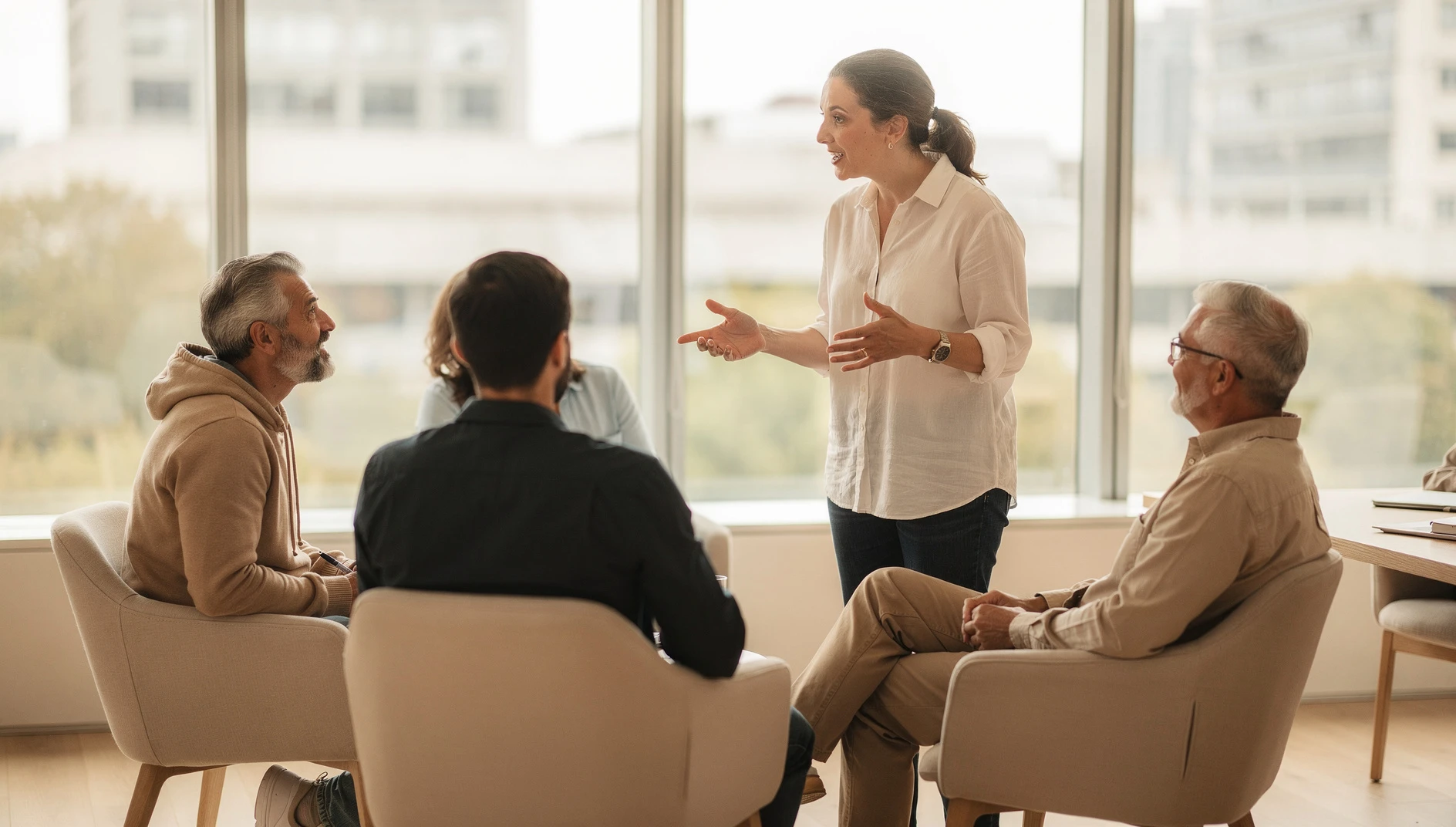 A small group of four people in an engaging workshop discussion with a coach facilitating from the front in a bright modern room with natural light