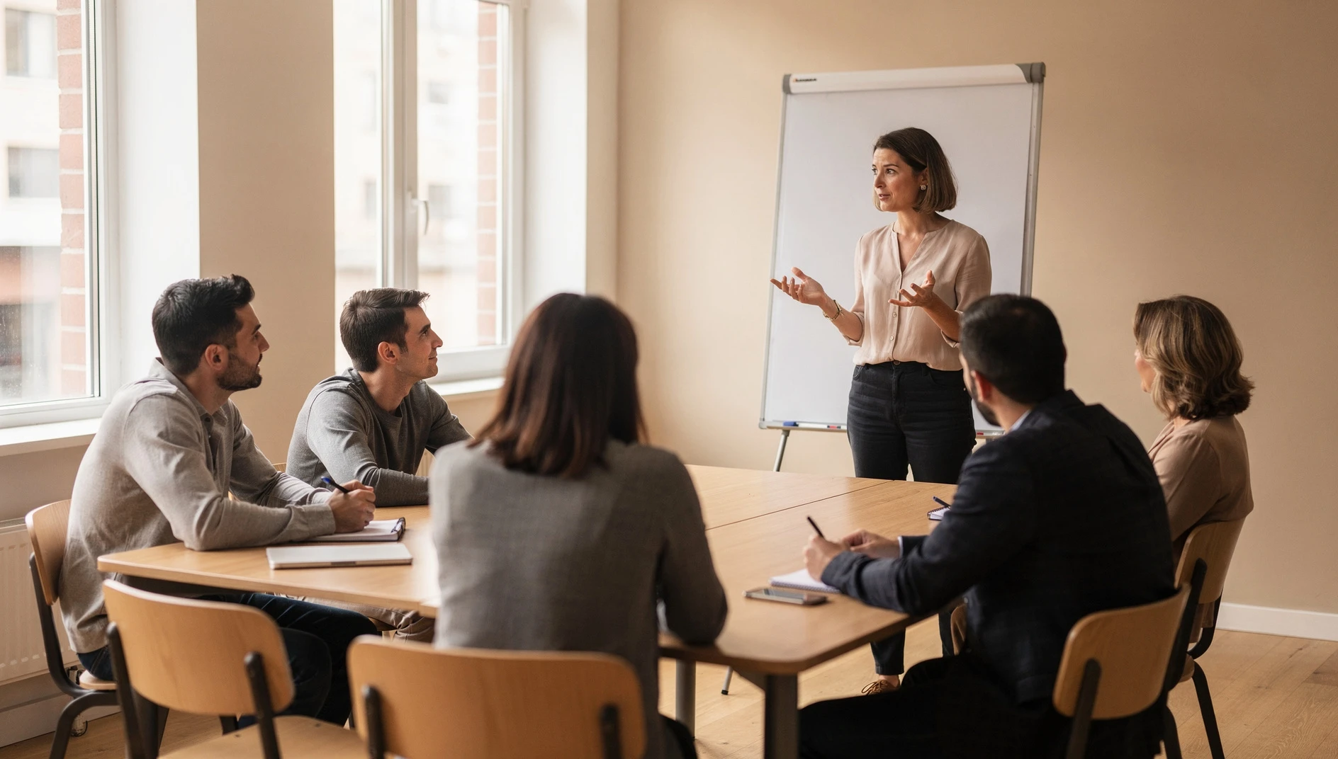 A facilitator standing at the front of a small engaged group in a bright workshop room with natural light