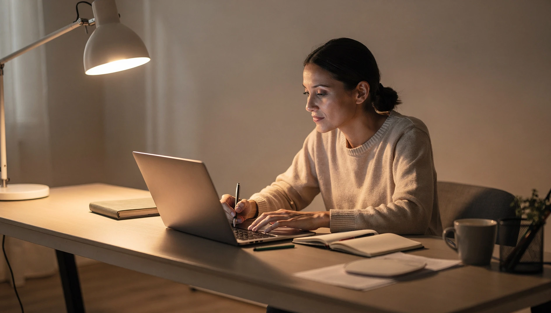 A person reviewing content on a laptop at a tidy desk with focused expression in warm ambient light