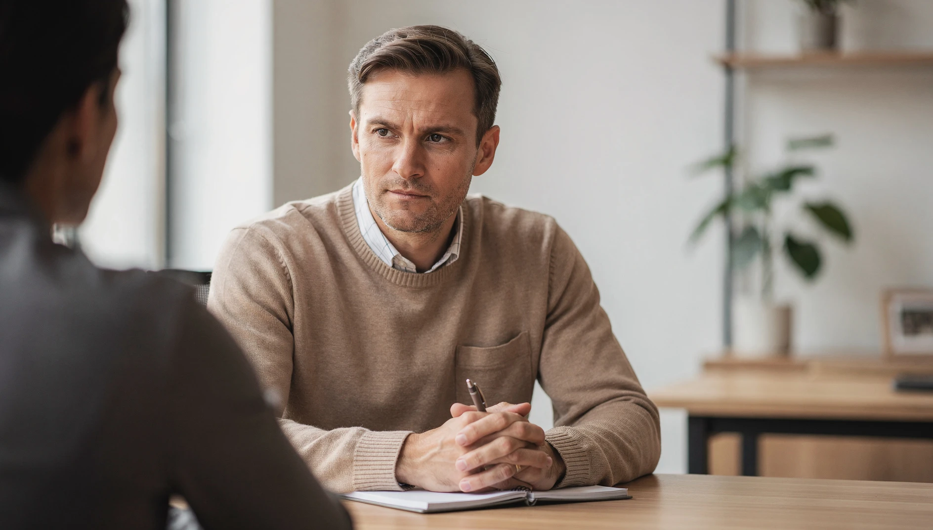 A coach with a calm focused expression during a challenging conversation in a quiet softly lit office
