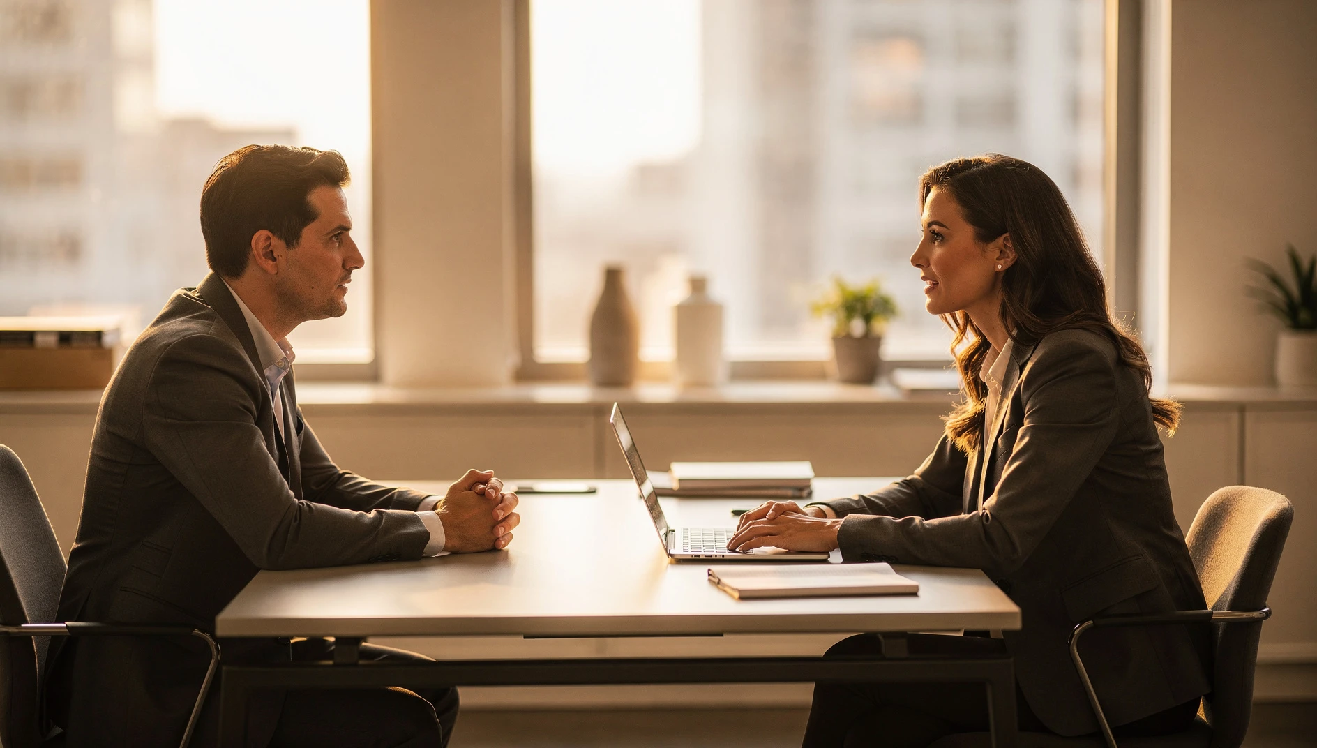 Two professionals in a focused conversation in a bright modern office with warm afternoon light