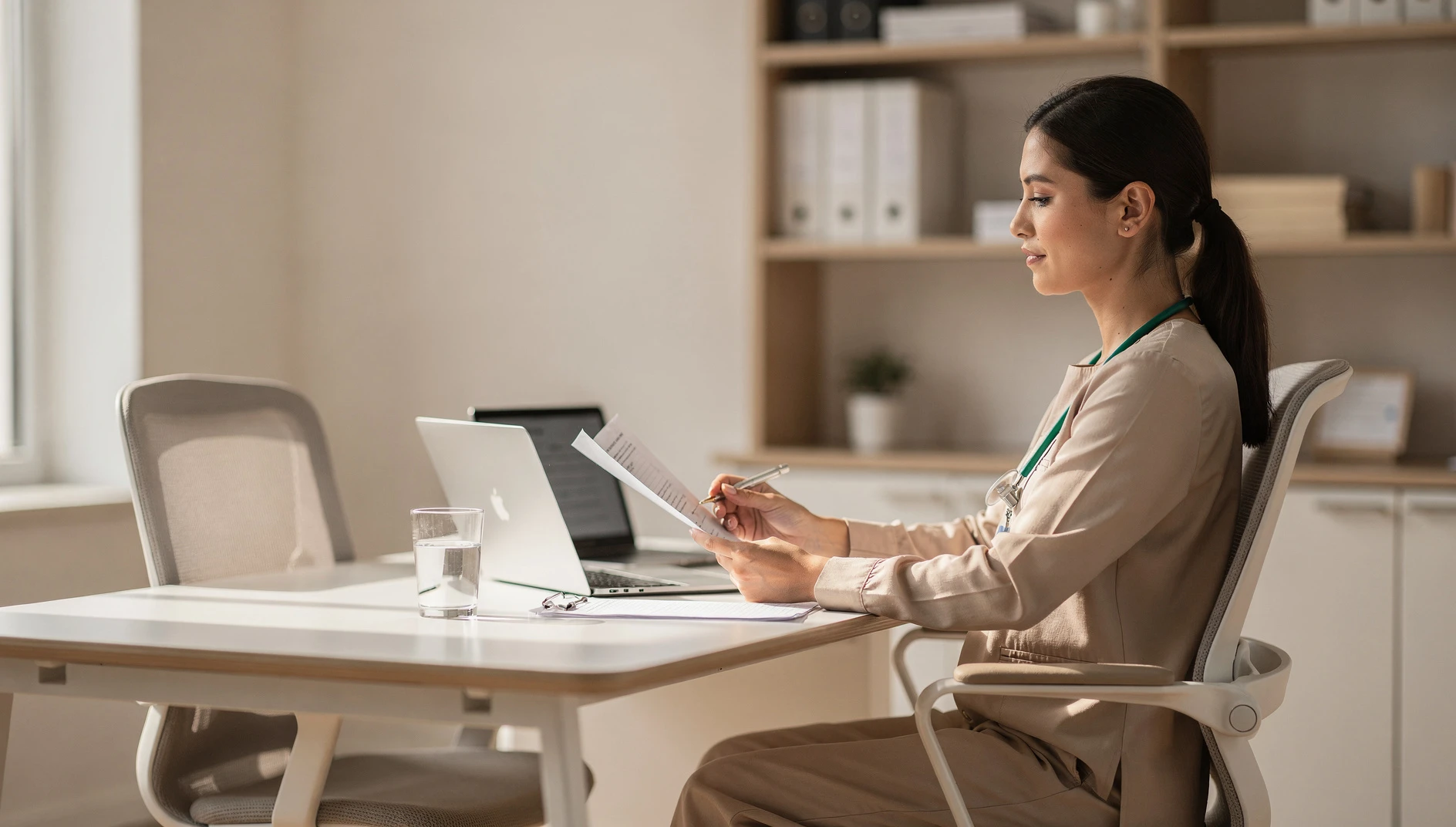 A health professional reviewing handwritten notes at a clean desk with a laptop and glass of water in soft window light