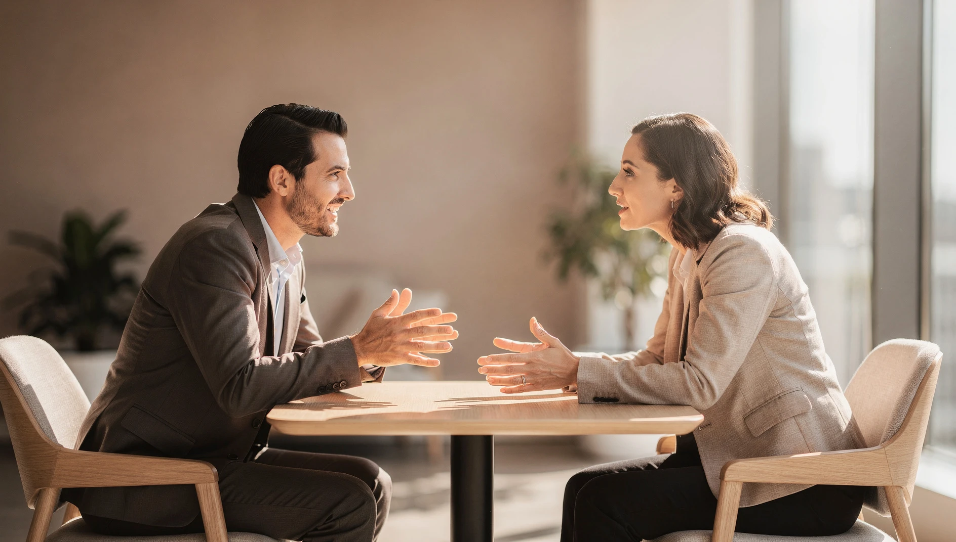 A coach and client engaged in an animated one-on-one conversation both leaning forward in a bright modern space with warm natural light