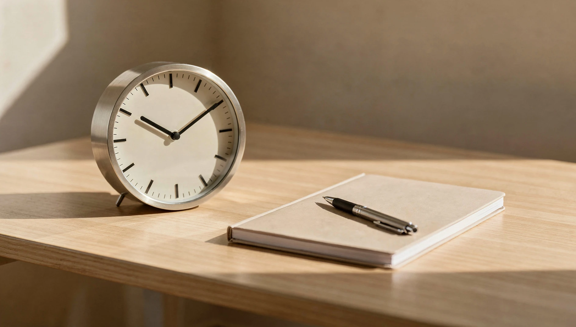 A simple analog clock on a desk next to a notebook in soft natural light