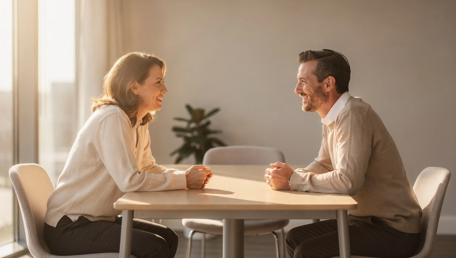 A coach and client in conversation in a bright modern meeting room with warm afternoon light