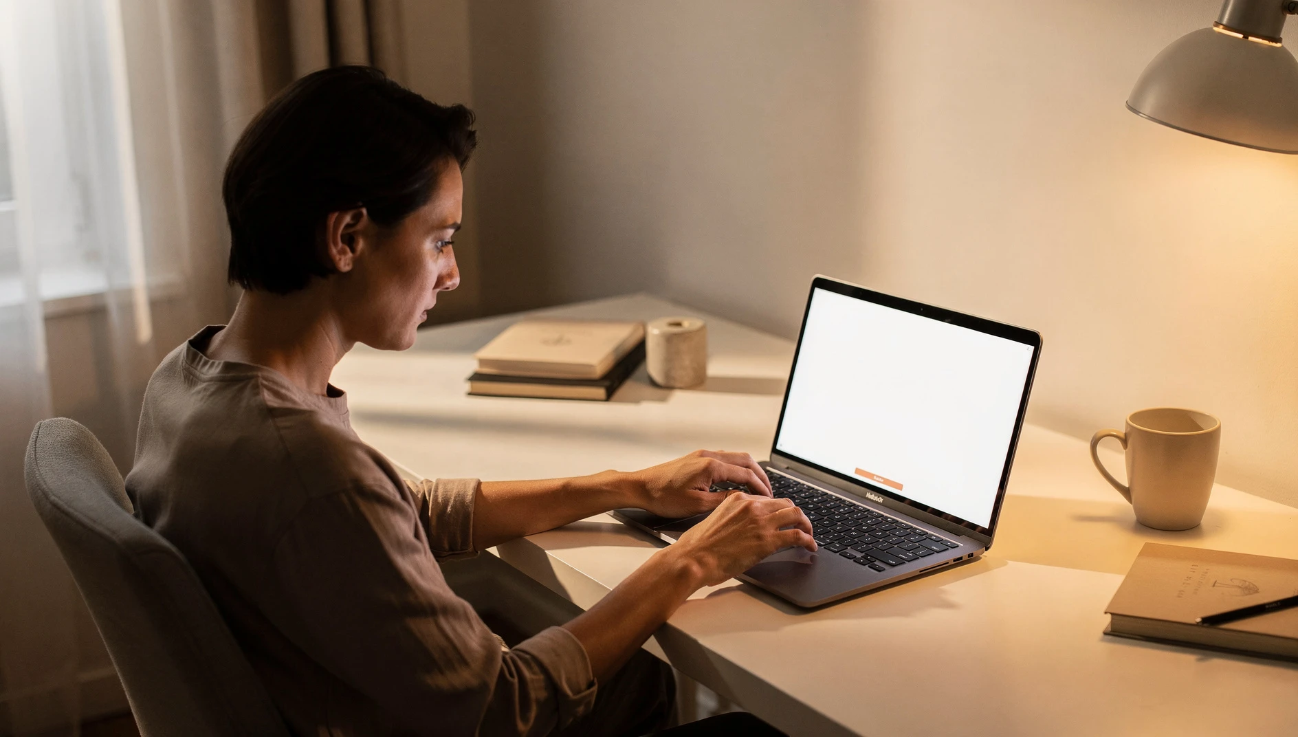 A person thoughtfully composing an email on a laptop in a warm modern home office
