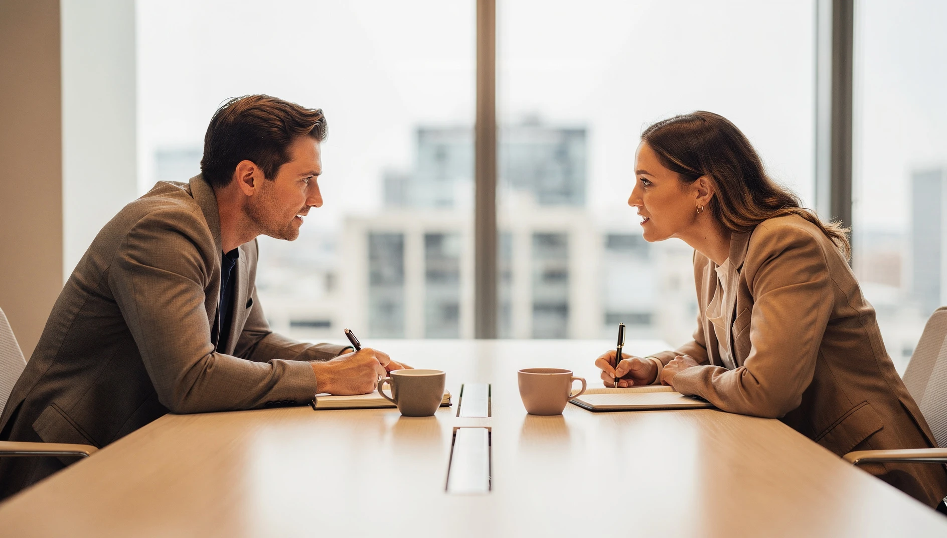 Two professionals having a focused discussion across a table in a bright modern office with natural light