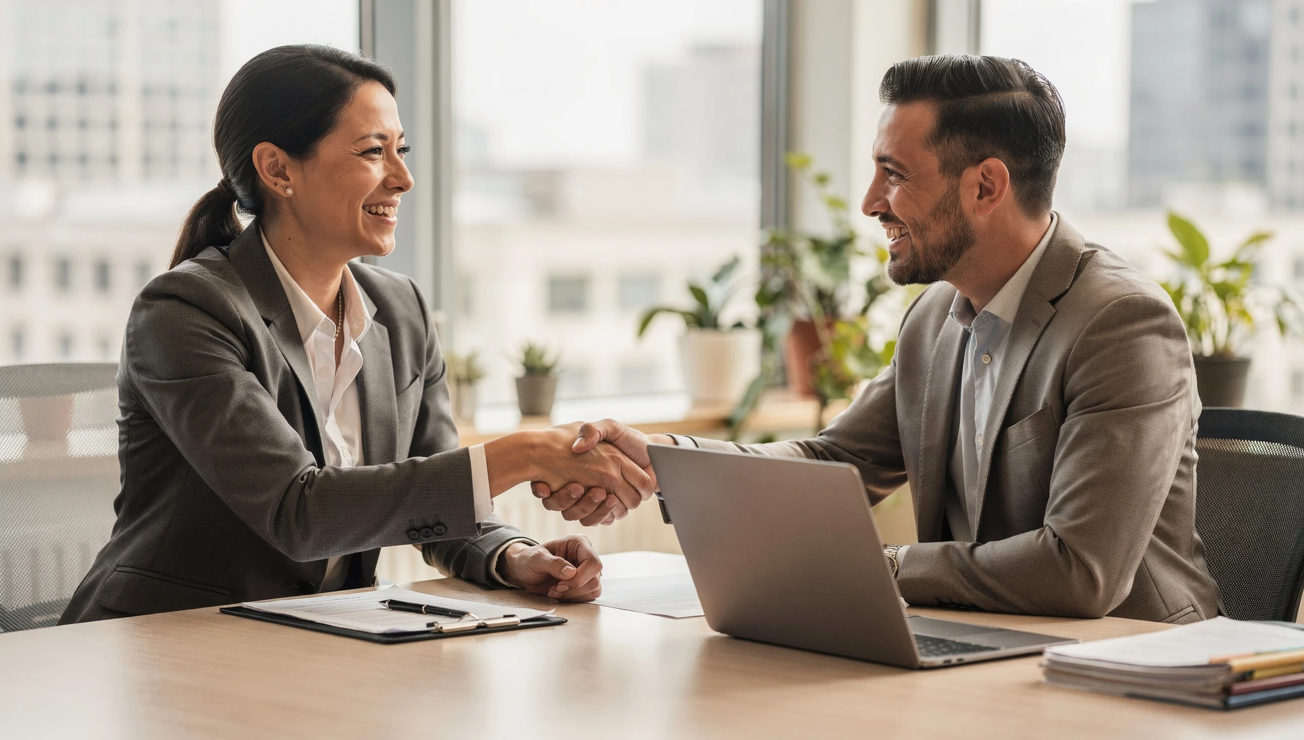 A coach and client shaking hands at the end of a meeting in a bright office with both smiling