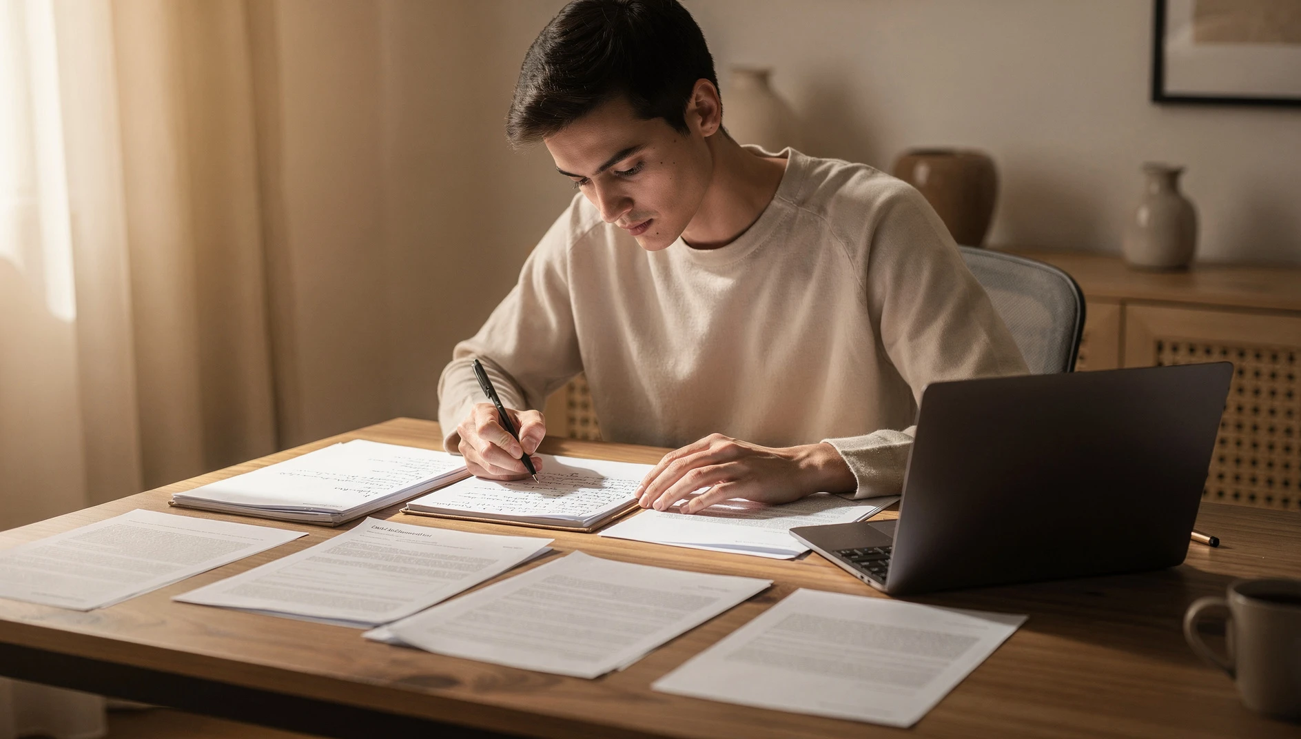 A person studying notes and reviewing documents at a desk with a laptop open in warm window light