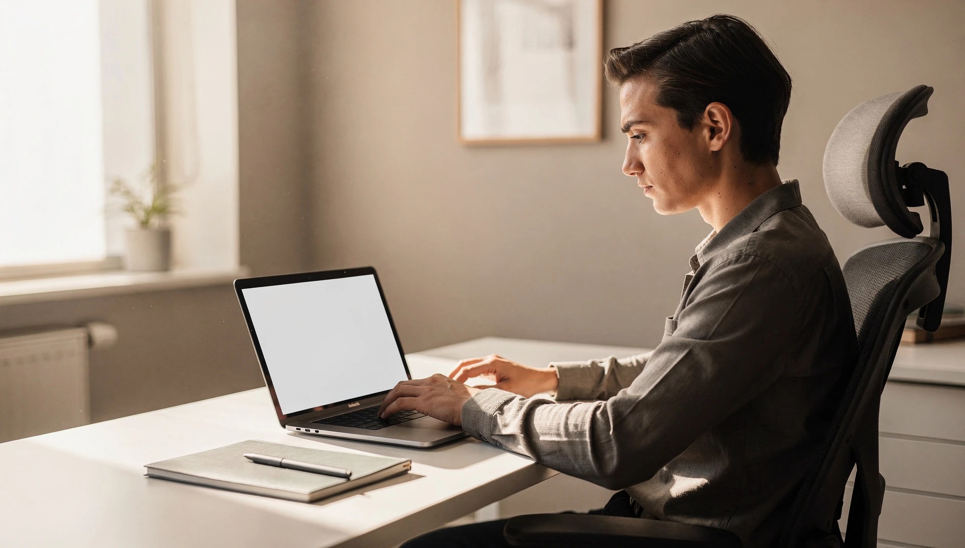 A person reviewing a document on a laptop at a bright clean desk in natural light