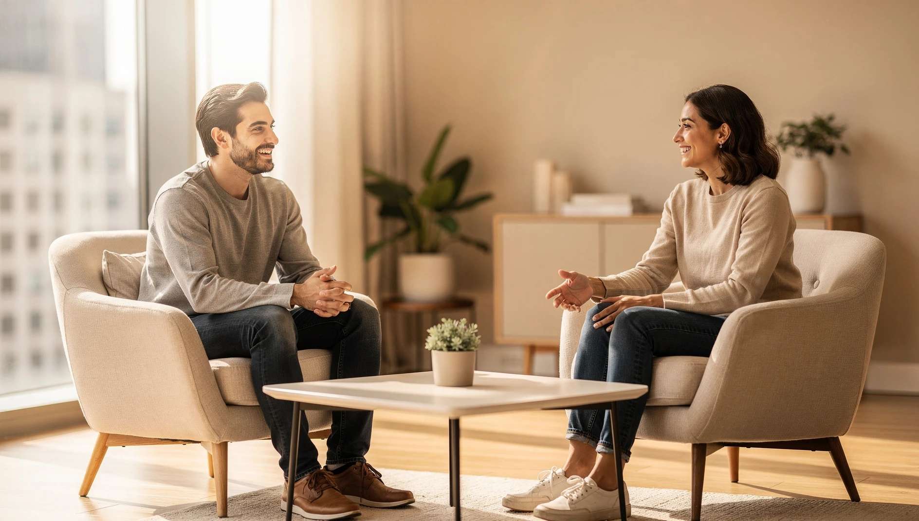 Two people settling into conversation across from each other in a bright coaching space with warm light
