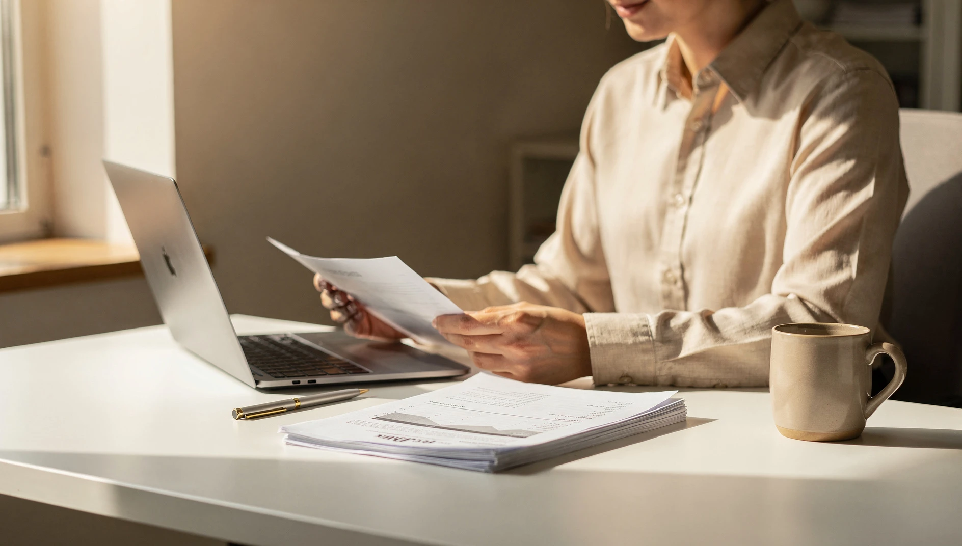A professional reviewing banking documents at a desk with a laptop in warm natural window light