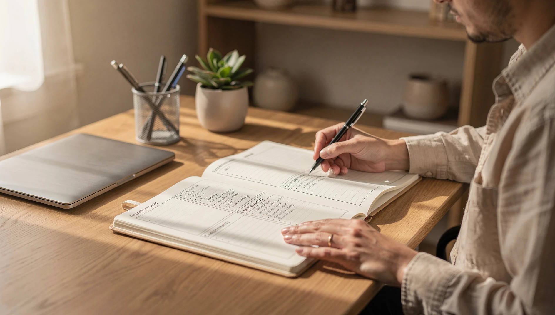 A person writing a structured outline in a notebook at an organized desk with natural window light