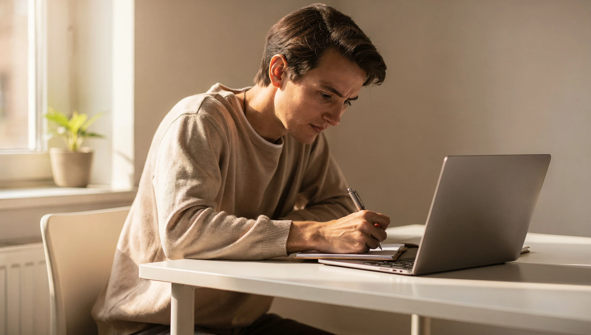 A person writing a post on a laptop with focus and slight forward lean at a bright minimal desk