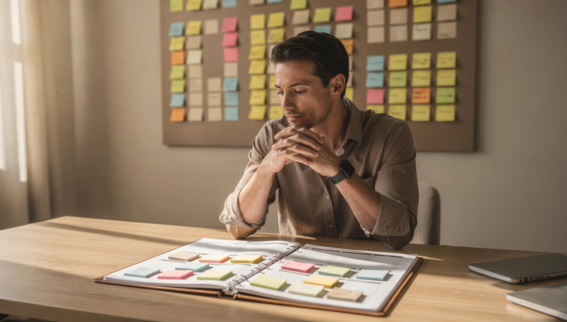 A coach at a desk with a structured planner open and multiple sticky notes arranged on the wall behind in an organized and strategic setup with warm natural light