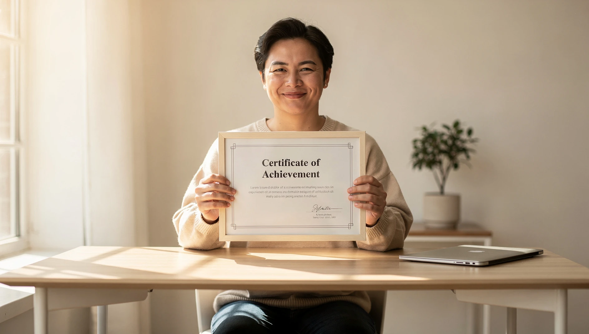 A person holding a framed certificate at a bright desk in warm natural light