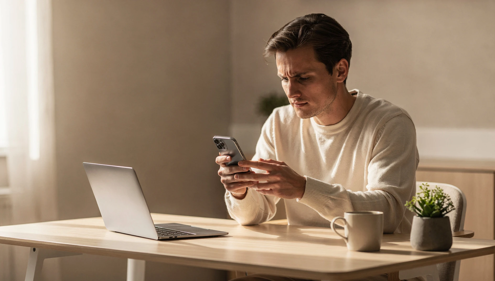 A person reviewing a phone screen at a clean modern desk in soft window light