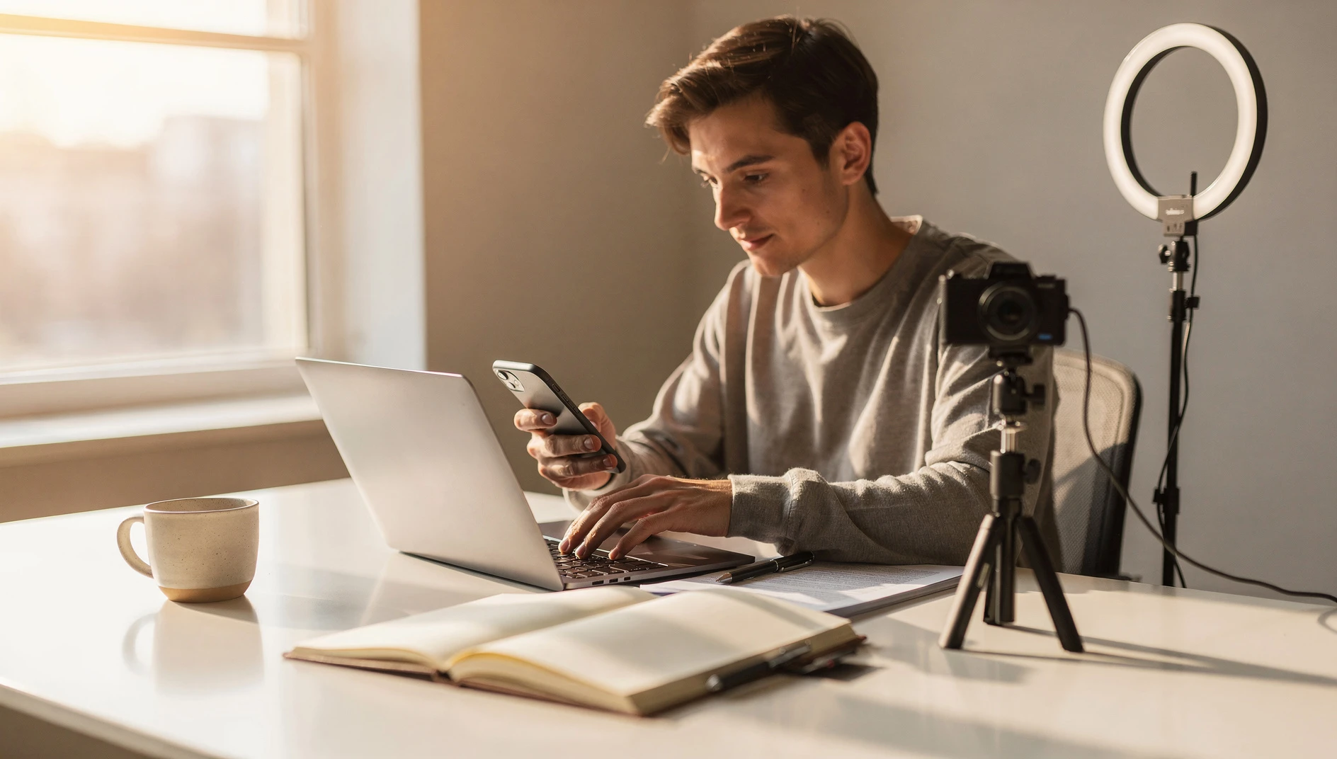 A person working on a phone and laptop at a bright modern desk with coffee and a notebook in natural light