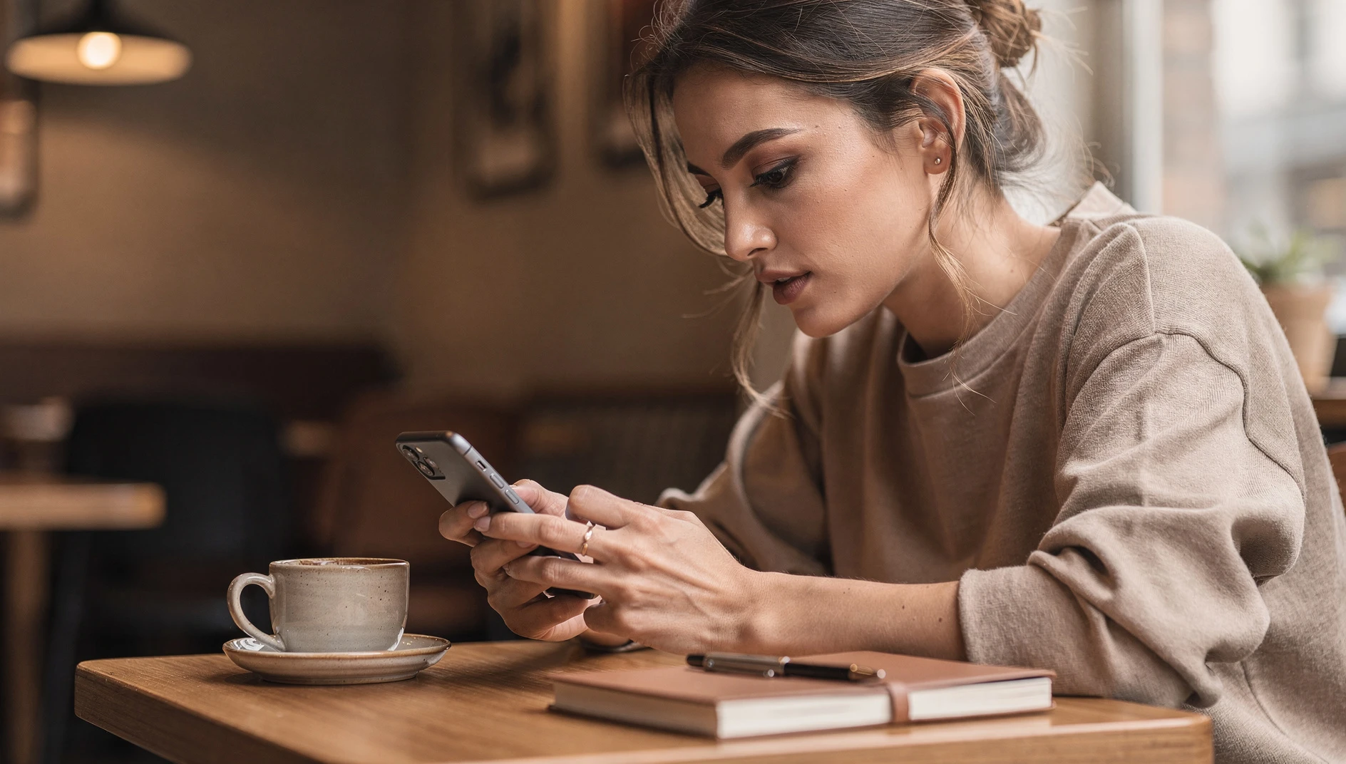 A person typing on a smartphone at a coffee shop table with warm ambient lighting, coffee and notebook nearby