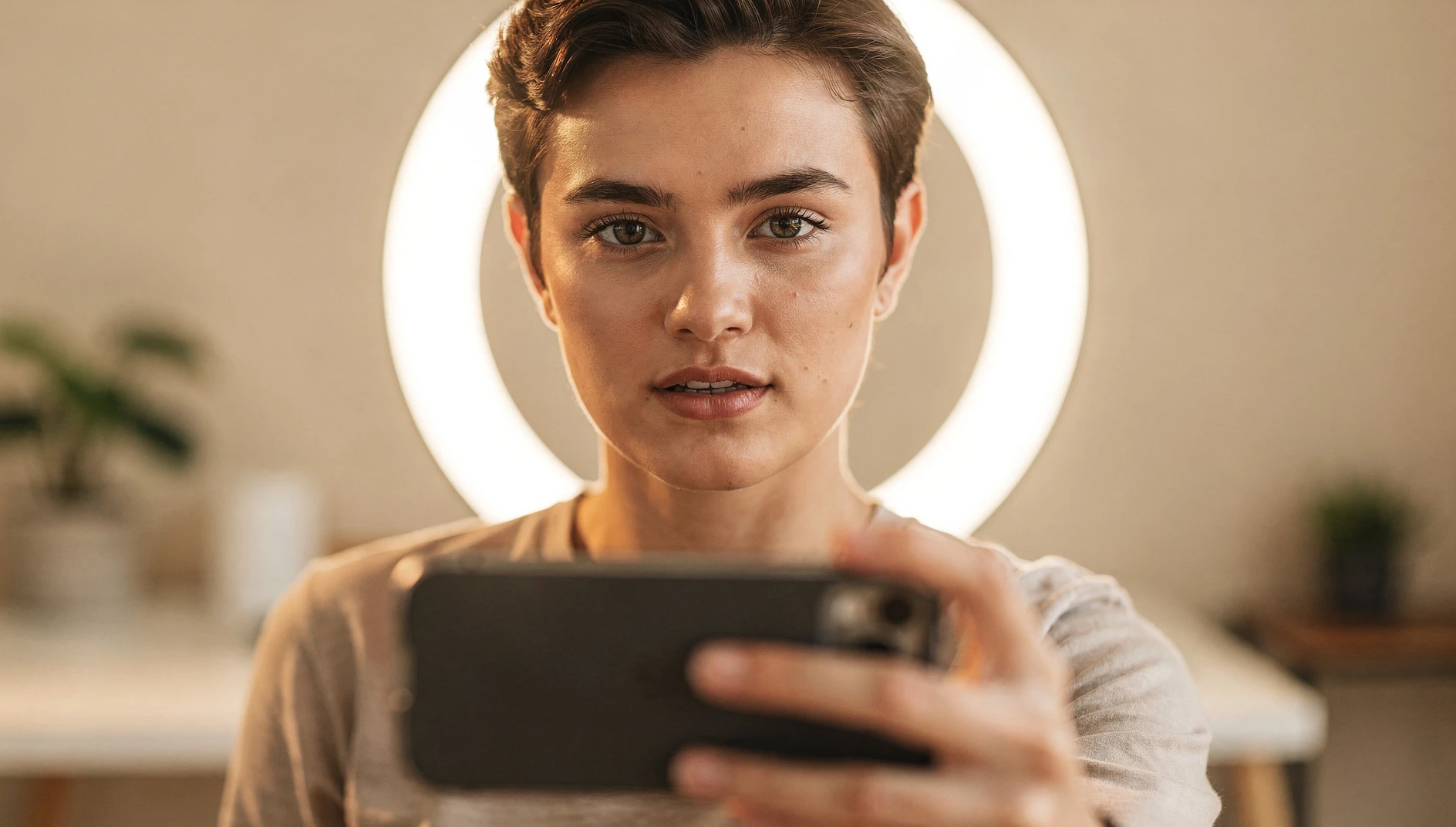 A person looking directly at a smartphone camera with an engaged expression in a bright home studio with a ring light