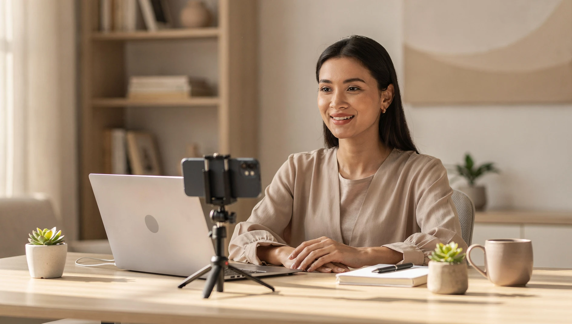 A person filming themselves on a smartphone mounted on a tripod at a bright home office desk in natural light