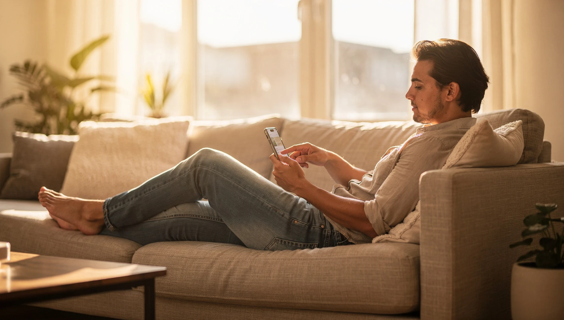 A person tapping on a smartphone screen while sitting on a couch in a bright living room in warm afternoon light