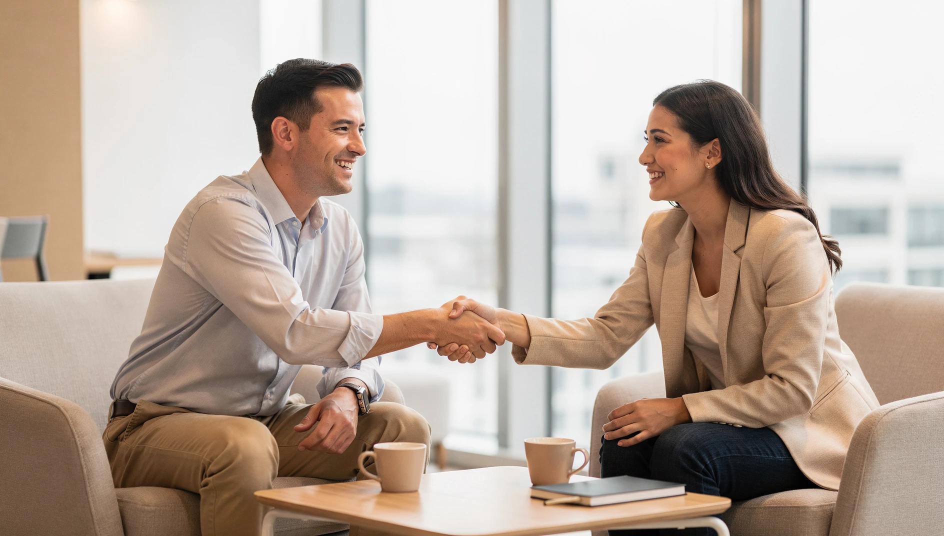 Two people shaking hands across a coffee table in a bright modern workspace with genuine warmth and natural light