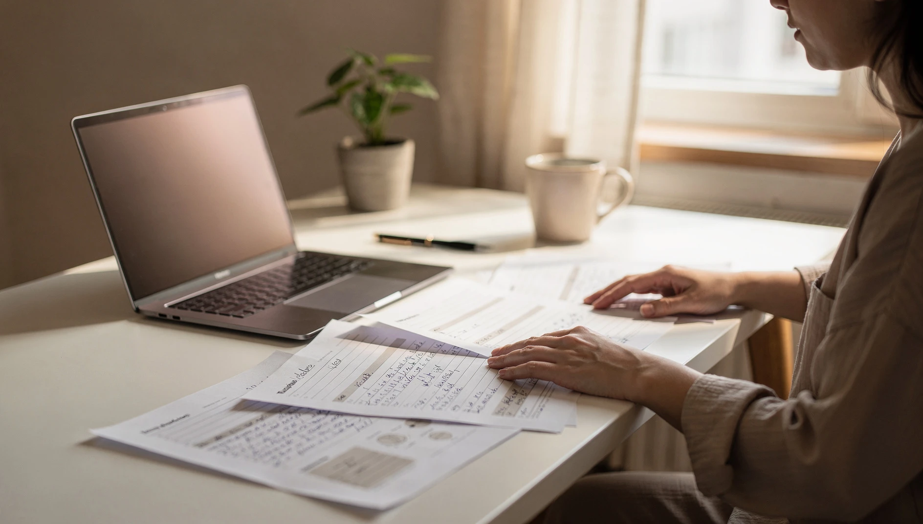 A person reviewing printed worksheets and notes spread across a bright minimalist desk with a laptop open nearby