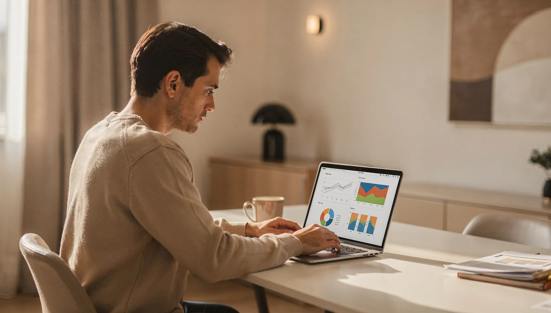 A person reviewing charts and data on a laptop at a modern desk with coffee nearby in soft natural light