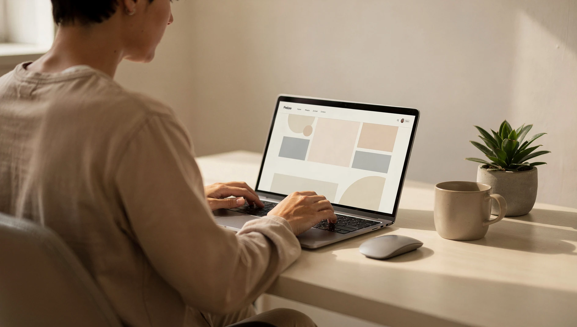 A person browsing a professional website on a laptop at a clean modern desk in soft natural light